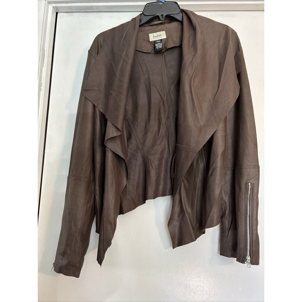 Neumann Marcus Brown Leather Open From Cascade Ruffle Zippered Sleeves - Picture 3 of 13